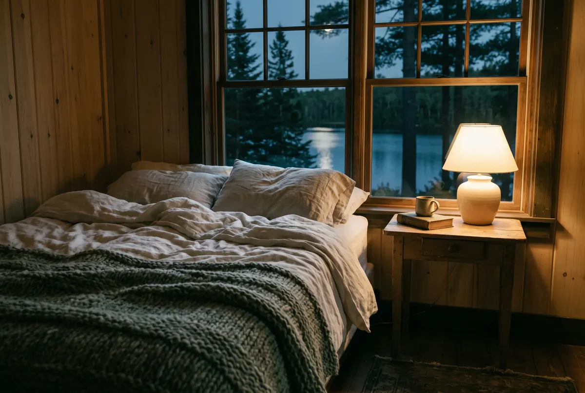 A quiet cottage bedroom at night, with a wool blanket on the bed, a glowing lamp and a window looking out over a lake and pines