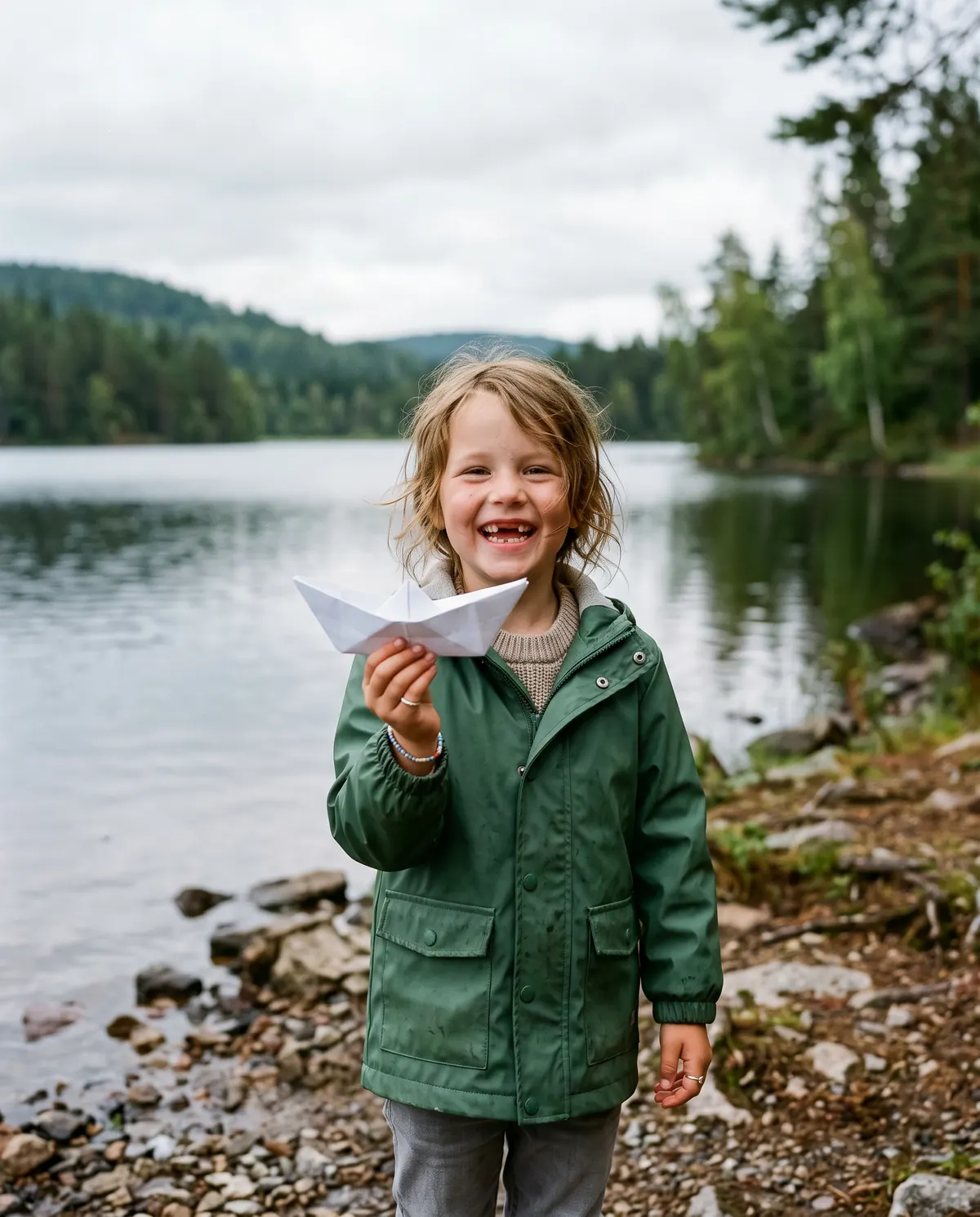 A smiling young child with a missing front tooth, wearing a green rain jacket and holding a paper boat beside a lake