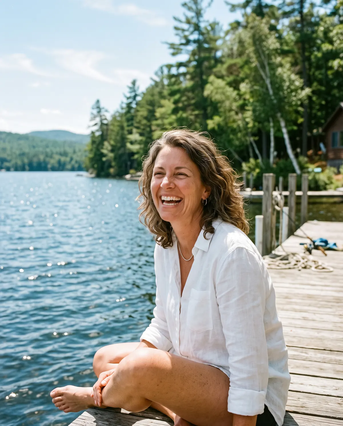 A woman in a white linen shirt laughing on a sunny dock, with sparkling blue lake water behind her