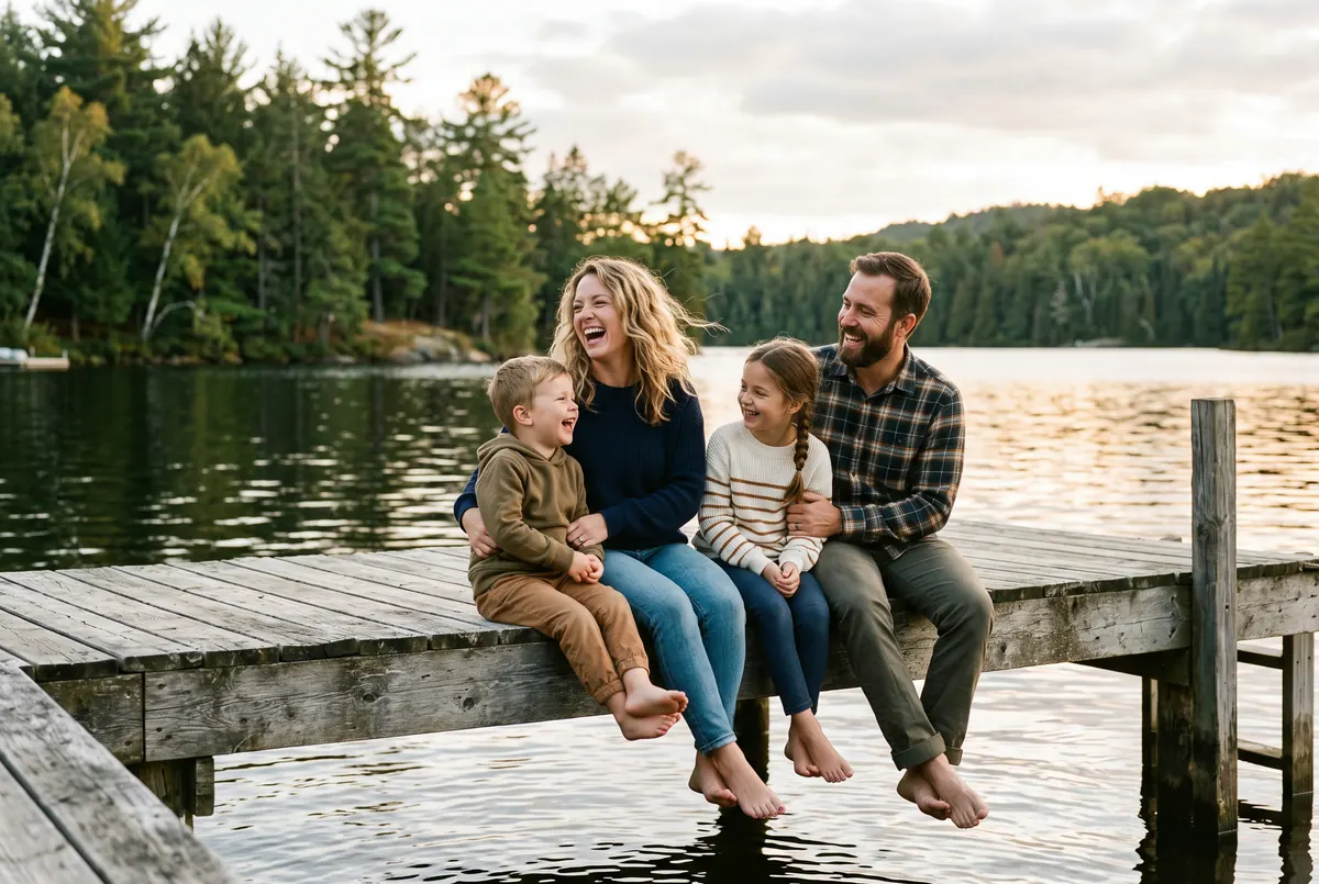 A laughing family of four, two parents with a young boy and a girl with a braid, sits barefoot on the edge of a wooden dock over a calm lake lined with pine and birch trees.
