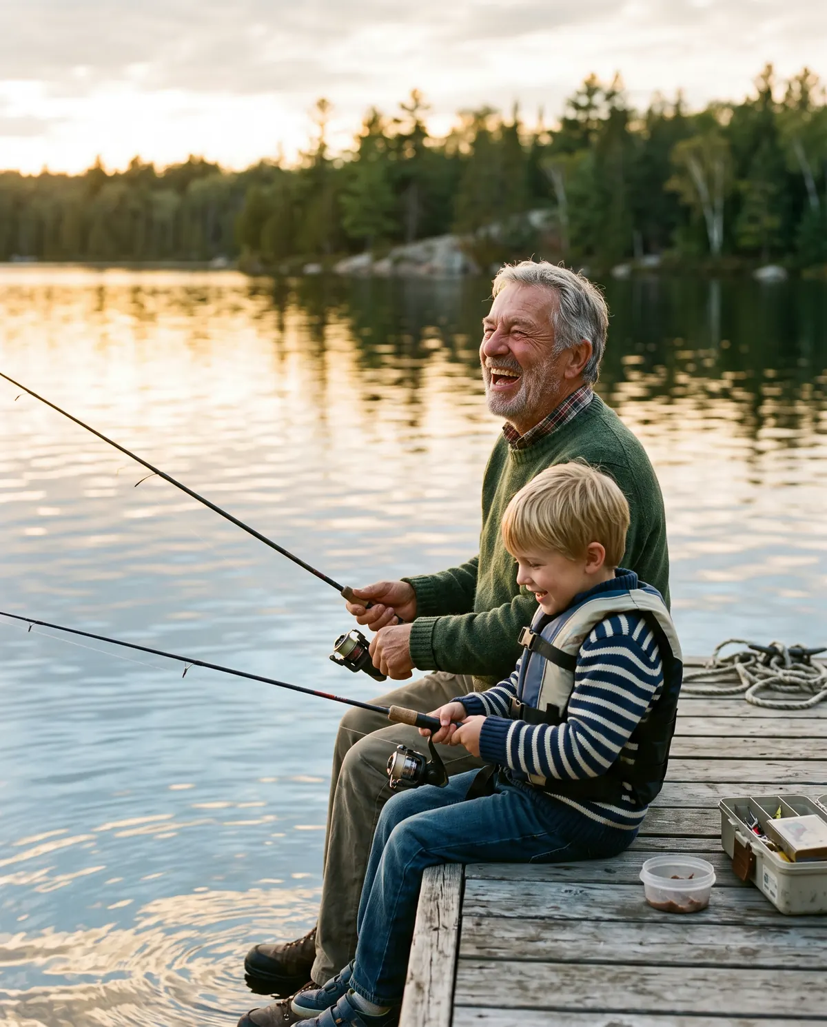 A laughing grandfather and his young grandchild fishing together off a wooden dock in warm evening light