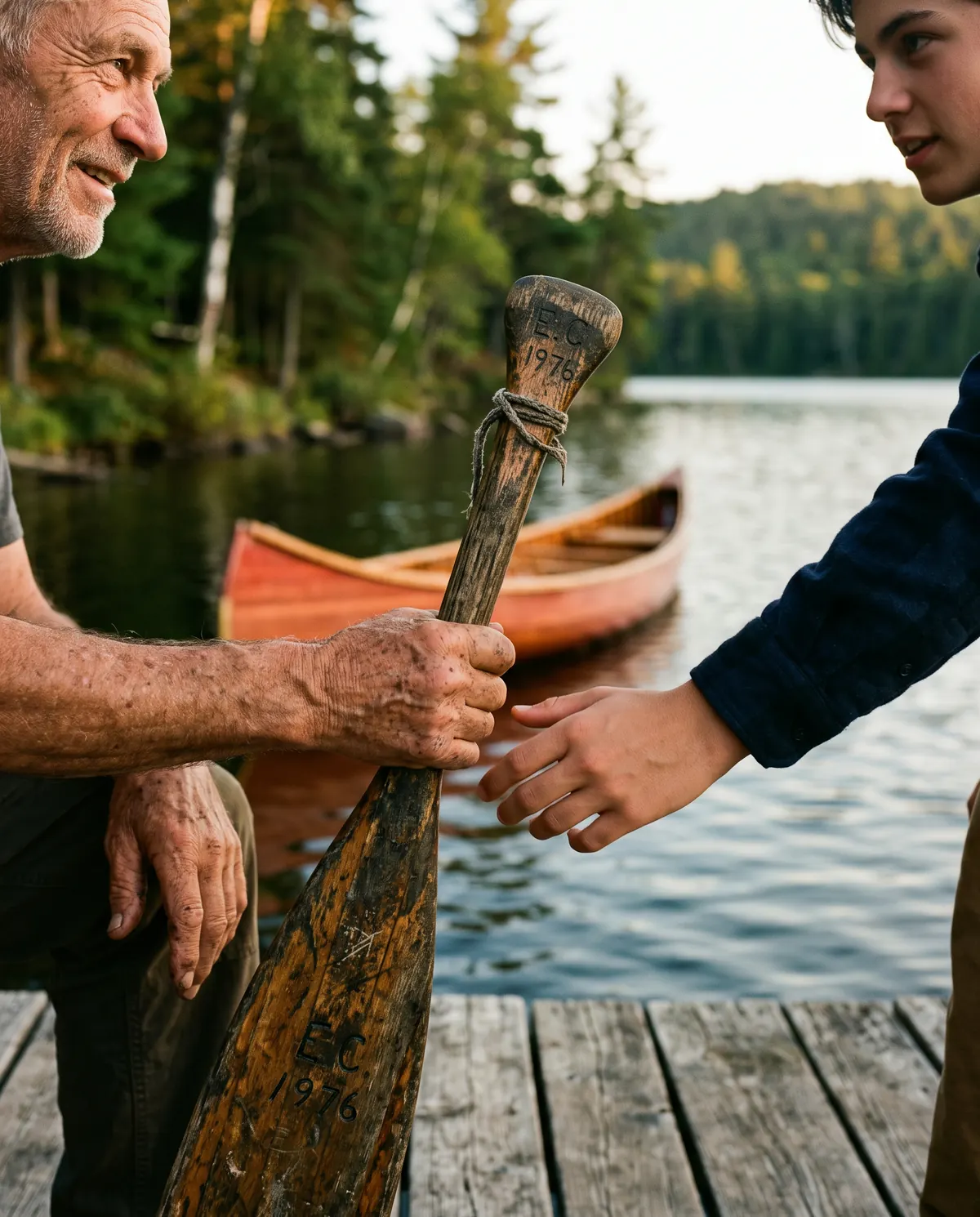 On a wooden dock, an older man hands a worn wooden canoe paddle, carved with initials and the year 1976, to a teenager reaching out for it, with a red canoe and a forested lake behind them.