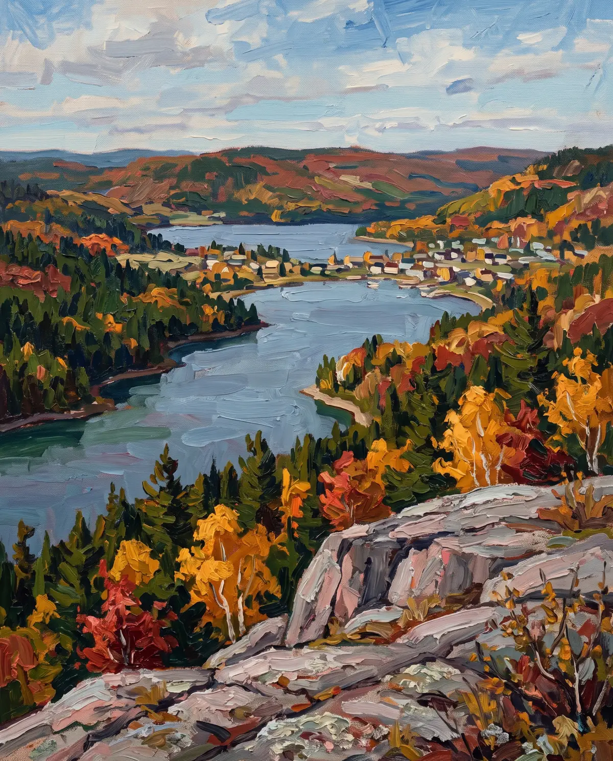 Oil painting of scarlet and gold hills around a winding lake, seen from a granite lookout