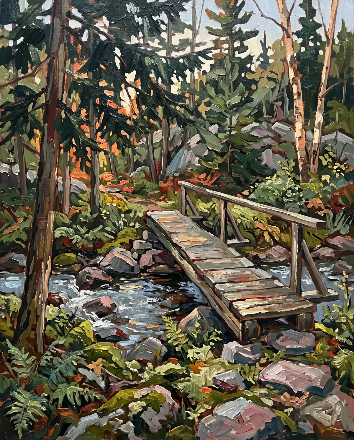 Oil painting of a weathered wooden footbridge crossing a rocky creek in a Muskoka forest, with ferns and pines on both banks