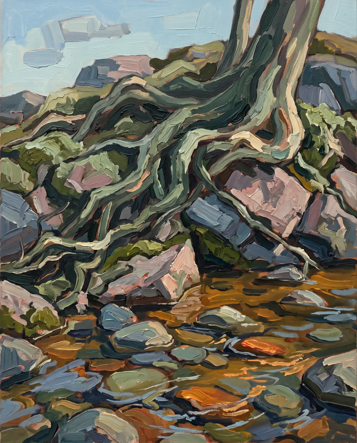 Oil painting of twisted cedar roots gripping the stones of a riverbank above clear amber water