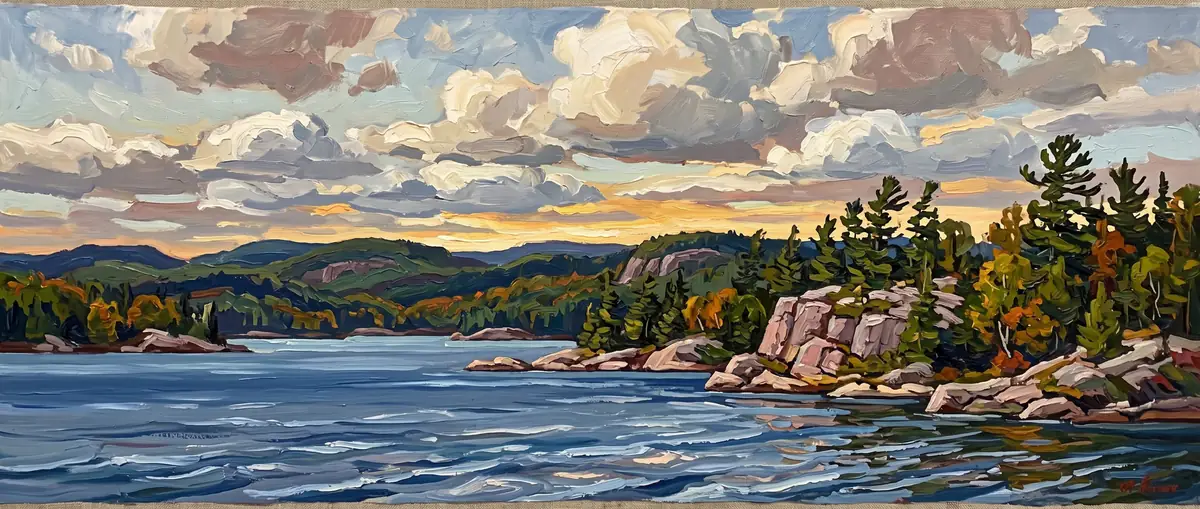 Wide oil painting of granite islands topped with windswept pines on a deep blue lake