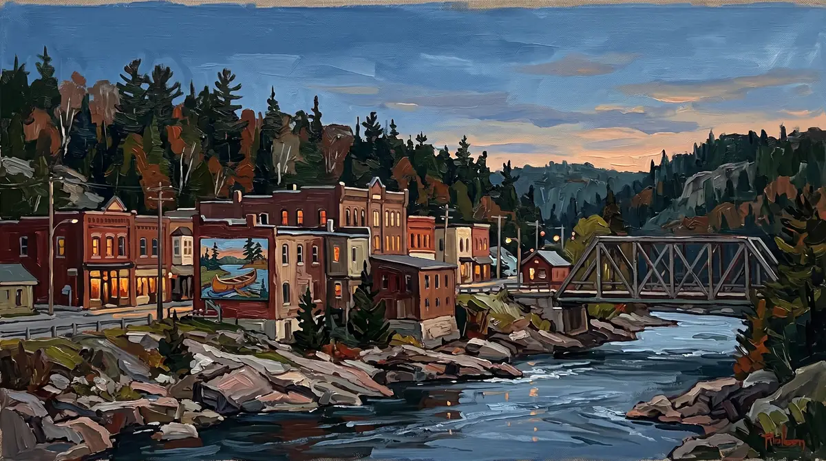 Oil painting of heritage red-brick storefronts with murals along a small-town main street by a river at dusk