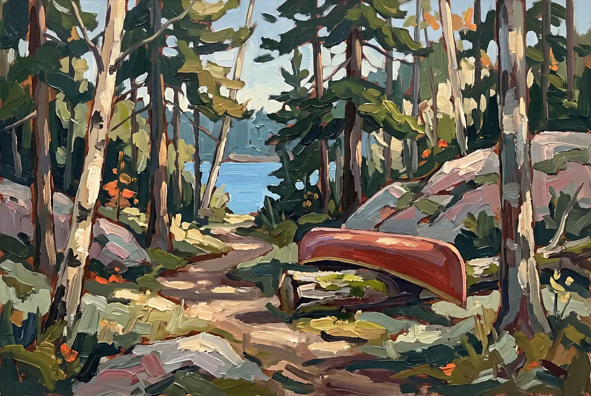 Oil painting of a red canoe resting on a mossy log beside a forest portage trail