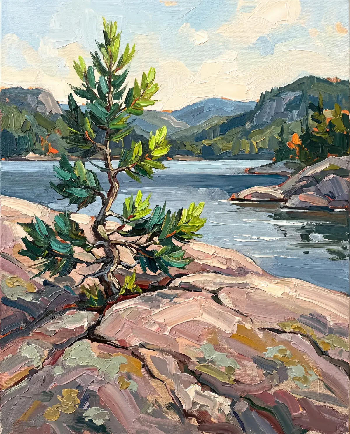 Oil painting of a young white pine growing from a crack in pink granite on a lakeshore, with blue hills beyond