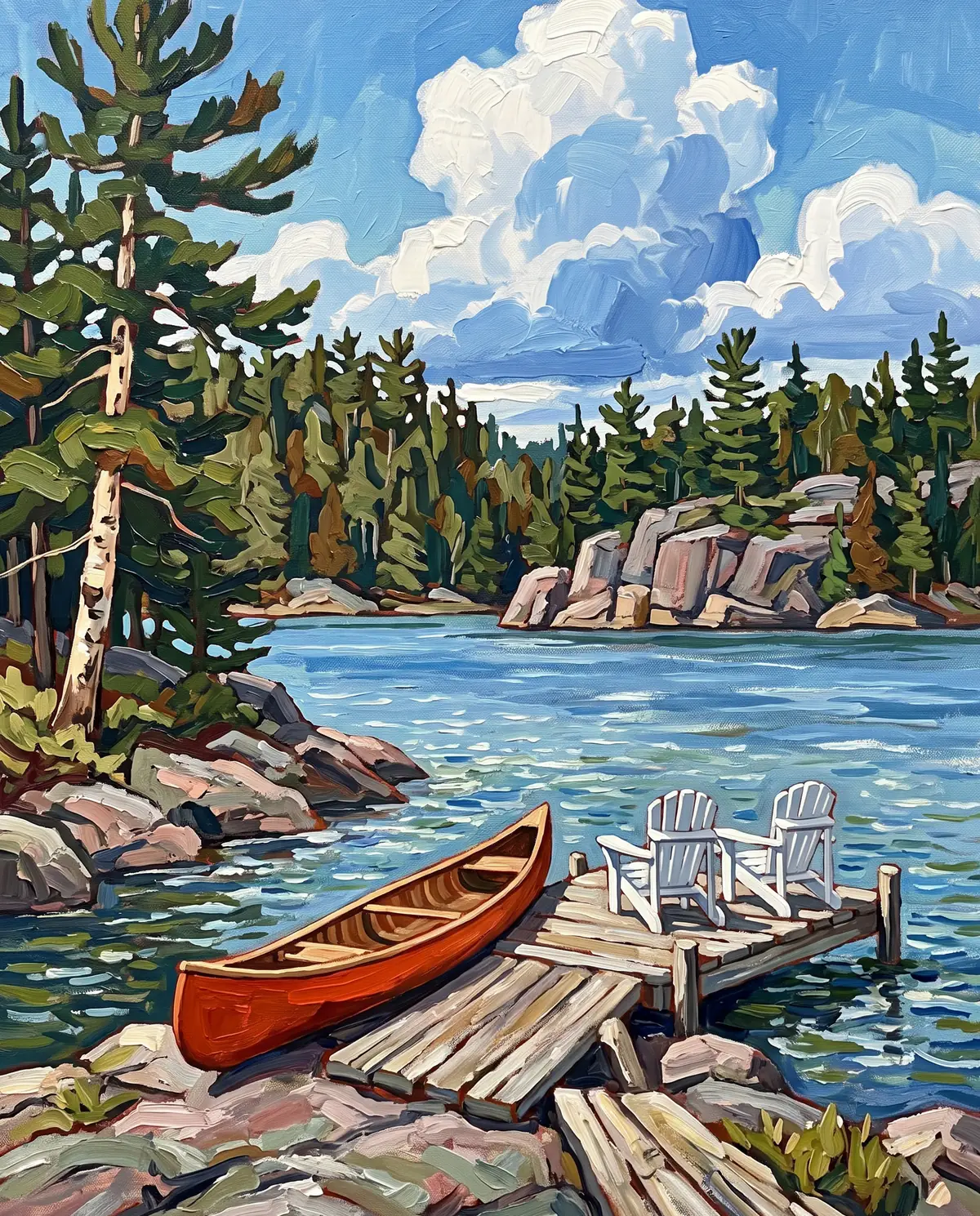 Oil painting of a red canoe and two Muskoka chairs on a dock over a sparkling blue lake