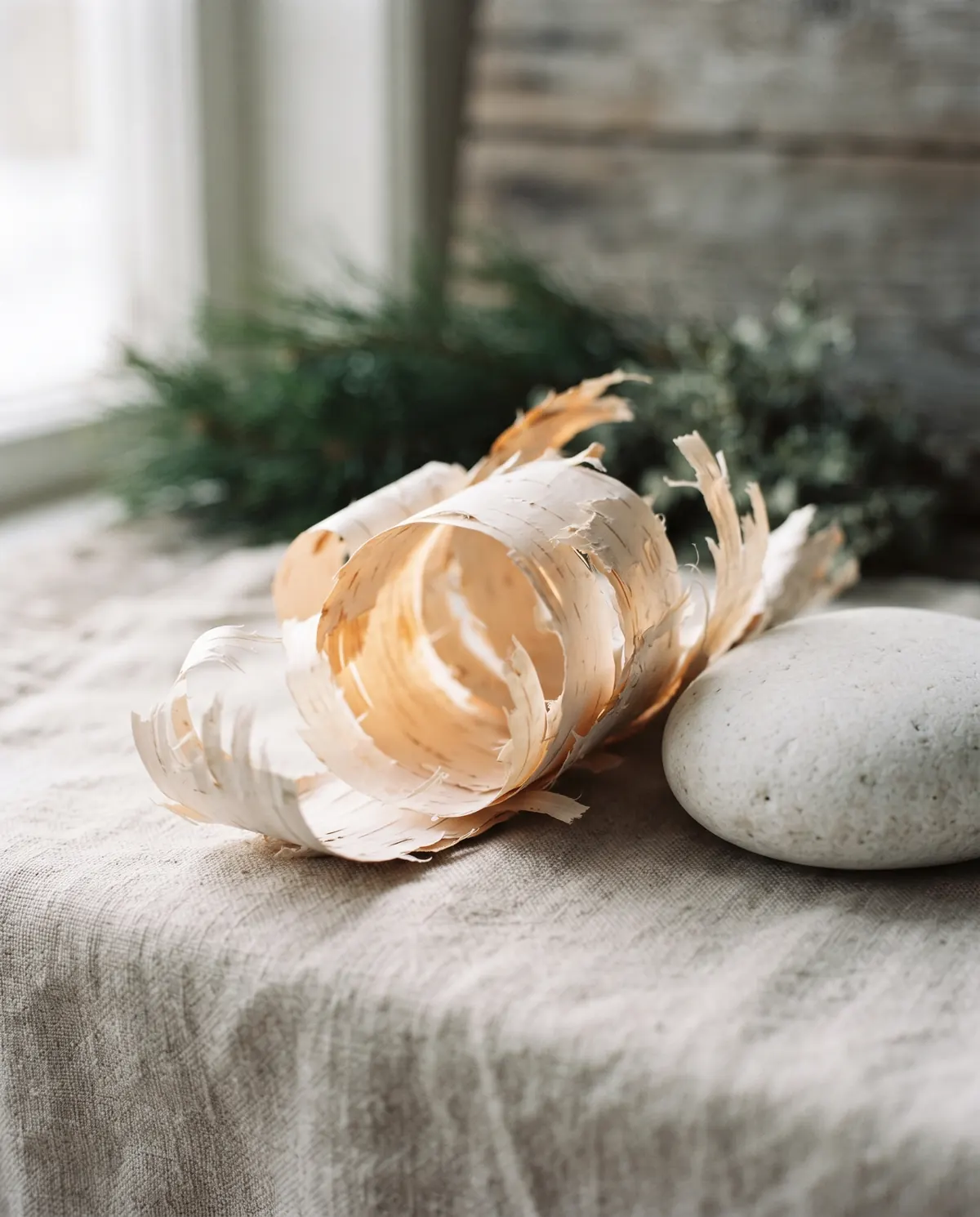 Thin, curling layers of white birch bark beside a smooth pale stone on a linen cloth