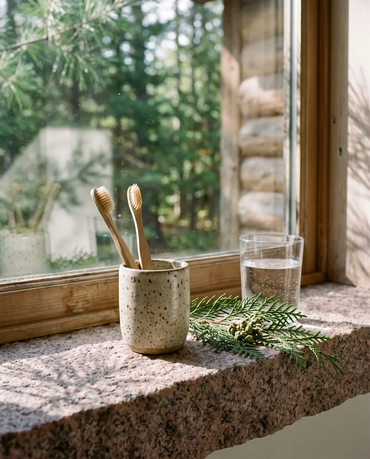 Two wooden toothbrushes in a speckled stoneware cup on a granite windowsill, beside a sprig of cedar and a glass of water
