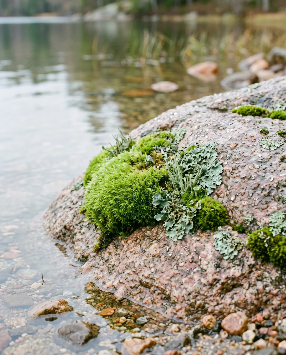 Bright green moss and lichen growing on a pink-grey granite boulder at the edge of clear lake water