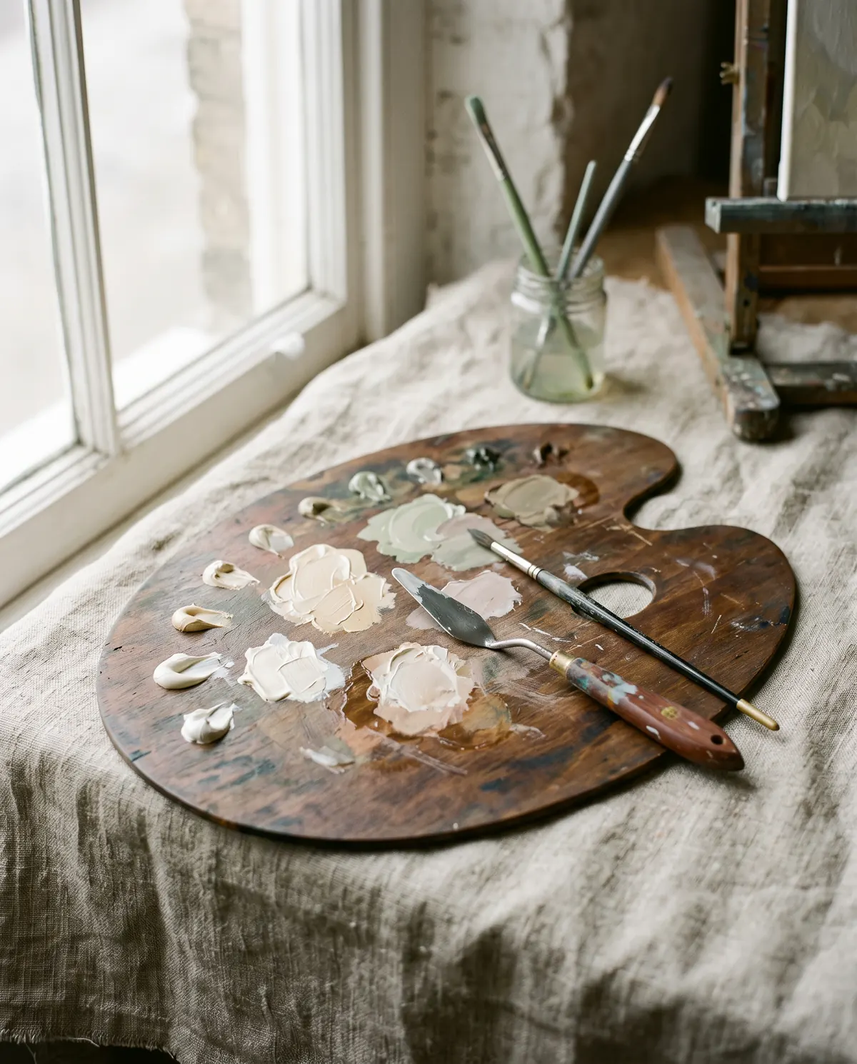A wooden artist’s palette with swatches of ivory and cream paint, a palette knife and brushes, resting on linen by a window