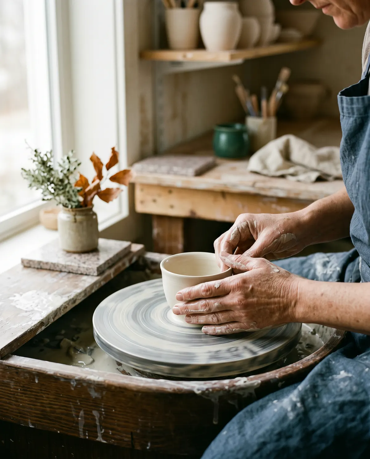 A potter’s hands shaping a small ivory porcelain cup on a pottery wheel in a sunlit studio