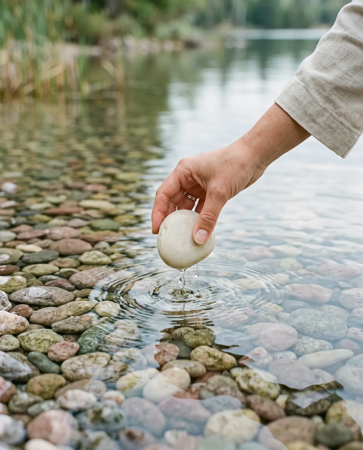 A hand gently lifting a smooth pale stone out of clear, shallow lake water above a bed of pebbles